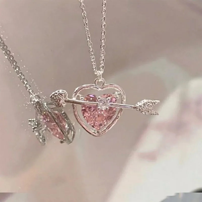 Silver pink heart arrow necklace