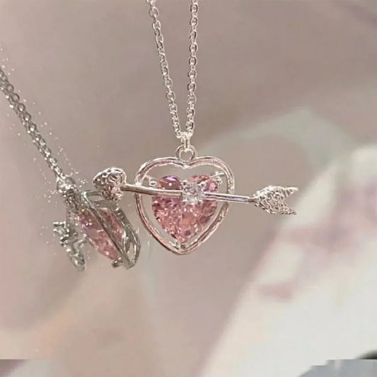 Silver pink heart arrow necklace