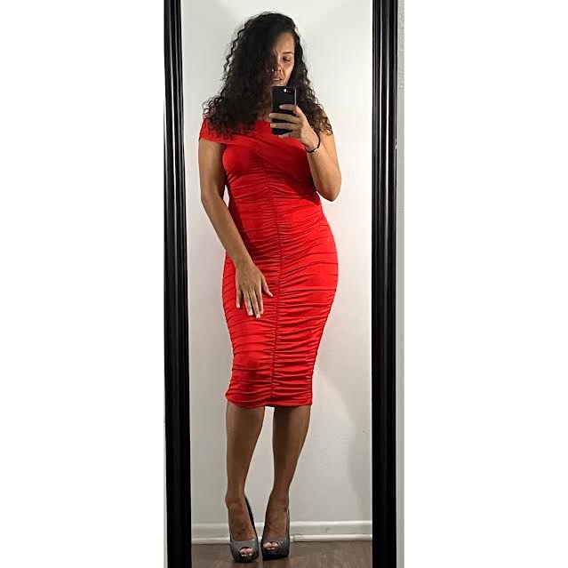 Red shoulder ruched dress