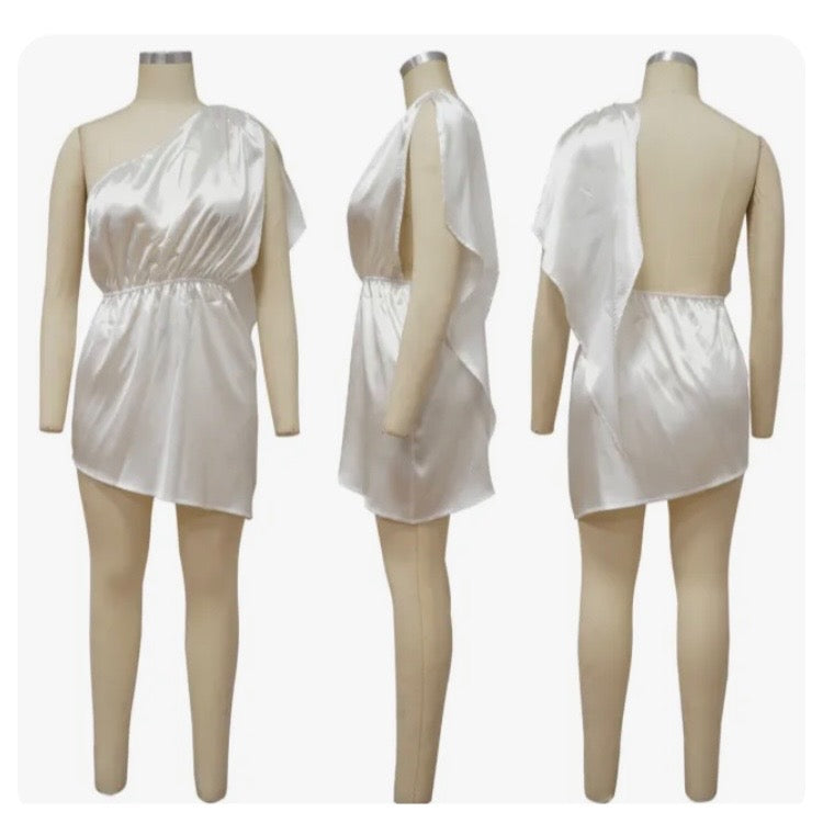 White satin shoulder drape dress