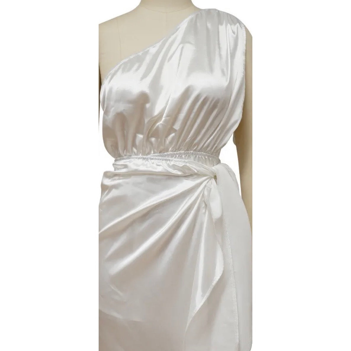 White satin shoulder drape dress