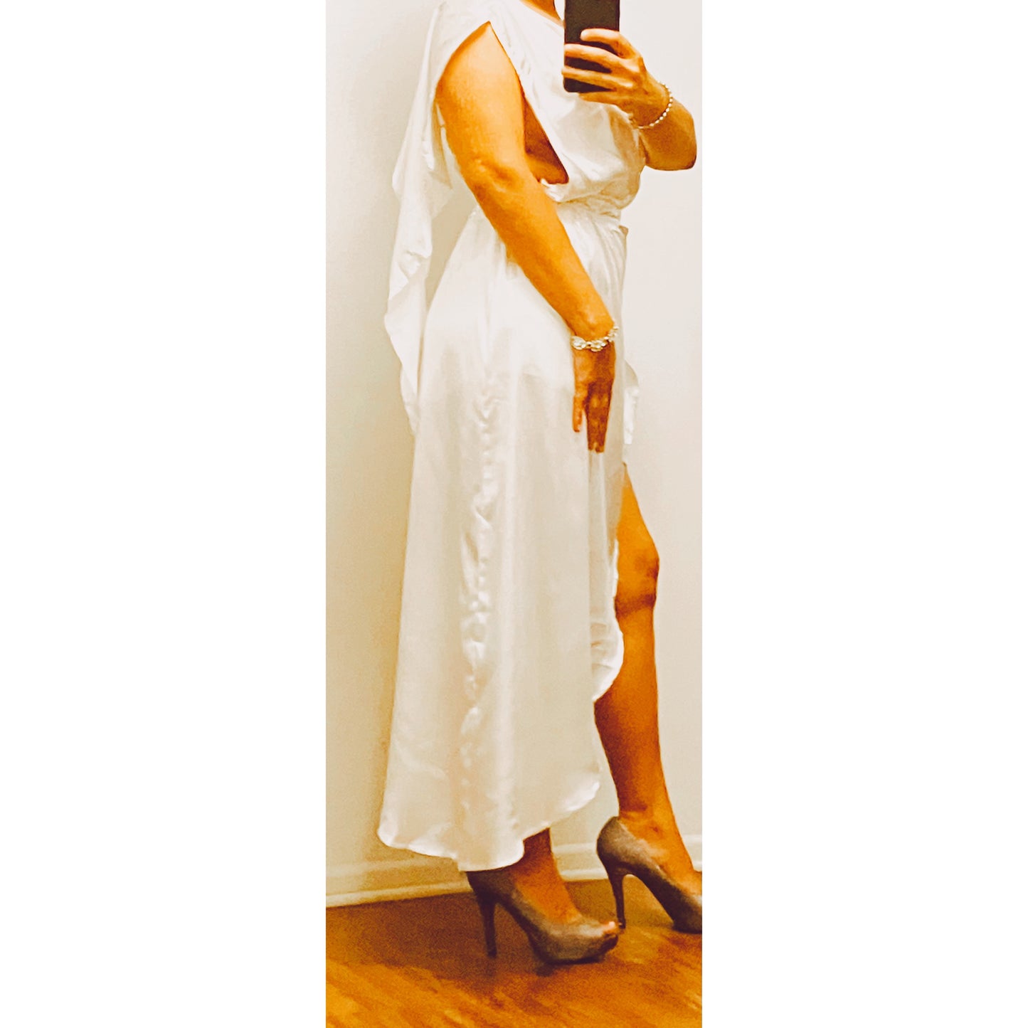 White satin shoulder drape dress